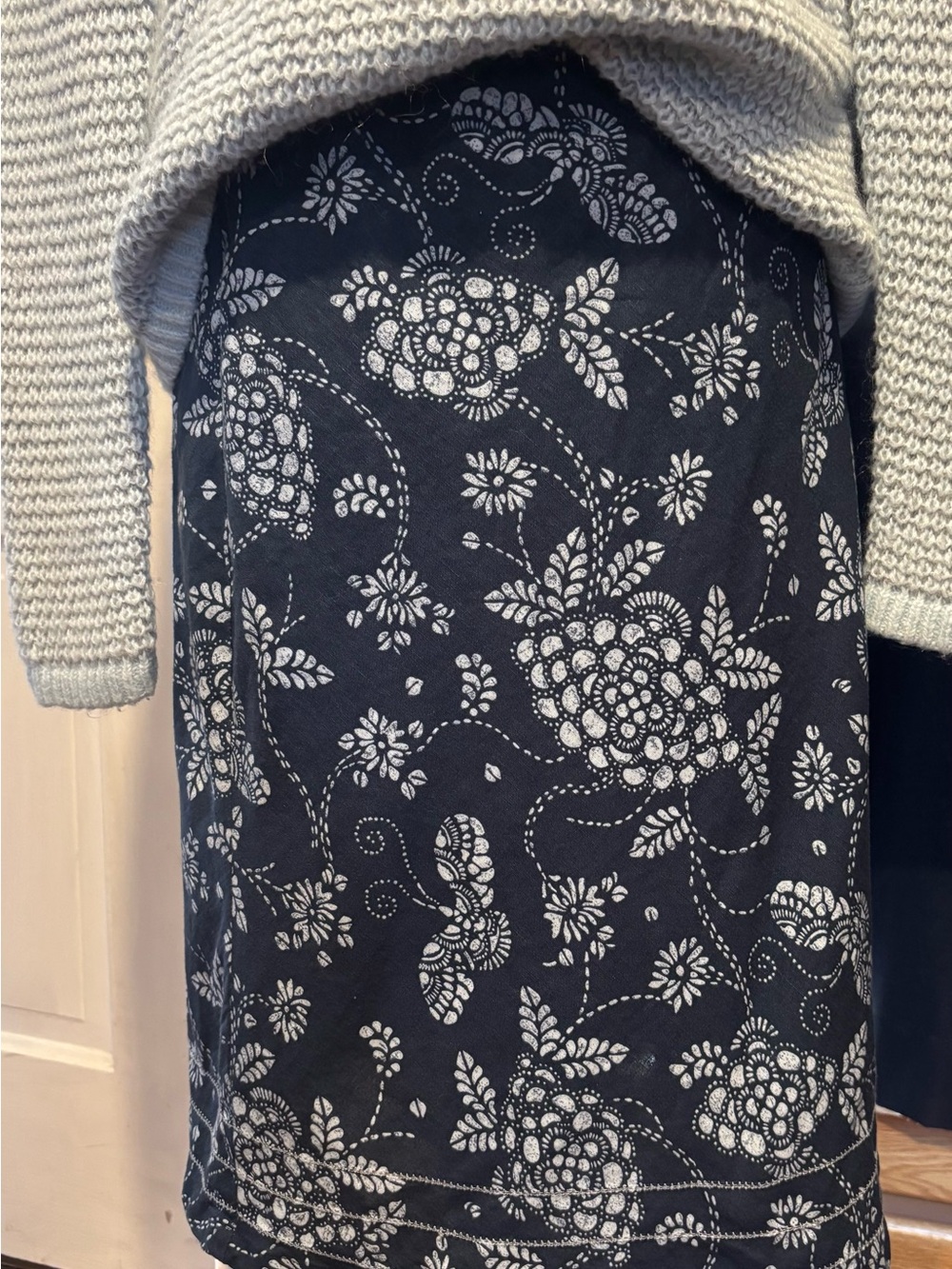Linen Cotton Blend Columbia Navy Skirt with White Floral Print